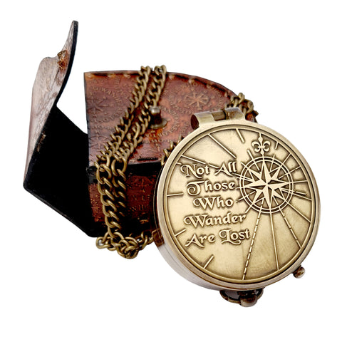 Brass Nautical - Not All Those Who Wander are Lost Brass Gift Engraved Compass with Leather case, Graduation Day Baptism Communion Confirmation Day Motivational LOTR J.R.R. Tolkien