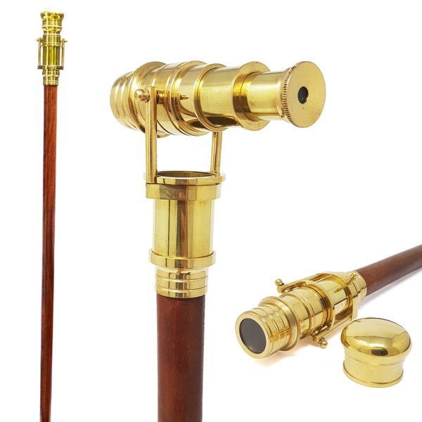 The New Antique Store - Telescope Walking Stick Costume Wooden Cane Foldable Rosewood Stick Steampunk Style (Polished Brass)