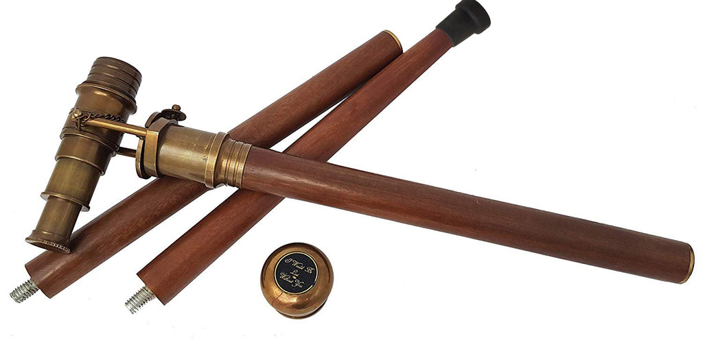 Walking stick made of varnished wood with a flat brass button, in which  rolled-up plan Paris, Walking stick made of varnished wood, decorated with  a flat copper knob and metal border, with