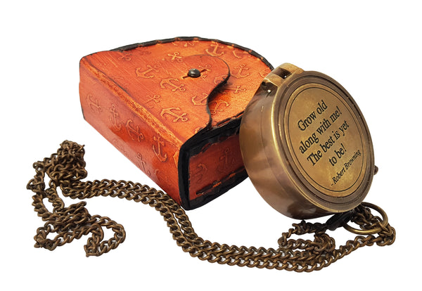 Hanzla Collection - Grow Old with Me Engraved Brass Compass ON Chain with Leather CASE, Directional Magnetic Compass