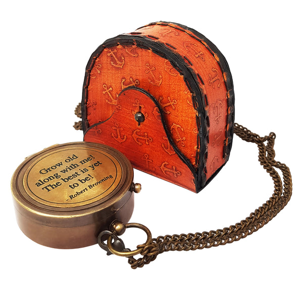 Hanzla Collection - Grow Old with Me Engraved Brass Compass ON Chain with Leather CASE, Directional Magnetic Compass