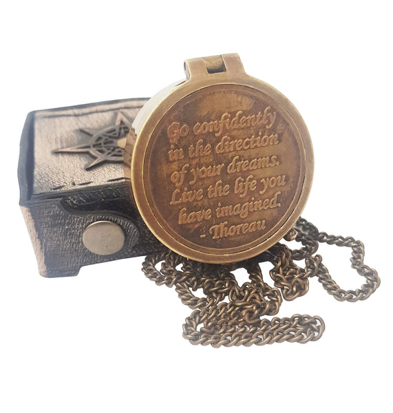 Hanzla Collection - Brass Compass Engraved with Thoreau's Go Confidently Quote and Stamped Leather Case, Boys Gifts