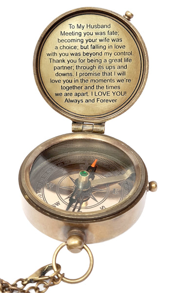 Brass Nautical - Engraved Compass with a Romantic Emotional Message, Gift for Husband, Anniversary, Wedding Gift for Him, Long Distance Gift, I Miss You, Valentine