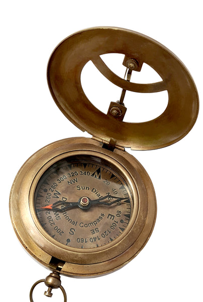 The New Antique Store - Brass Sundial Compass with Leather Case and Chain - Steampunk Accessory - Antiquated Finish - Beautiful Handmade Gift -Sundial Clock (Classic)