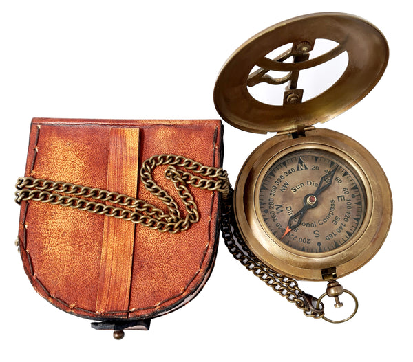 The New Antique Store - Brass Sundial Compass with Leather Case and Chain - Steampunk Accessory - Antiquated Finish - Beautiful Handmade Gift -Sundial Clock (Classic)
