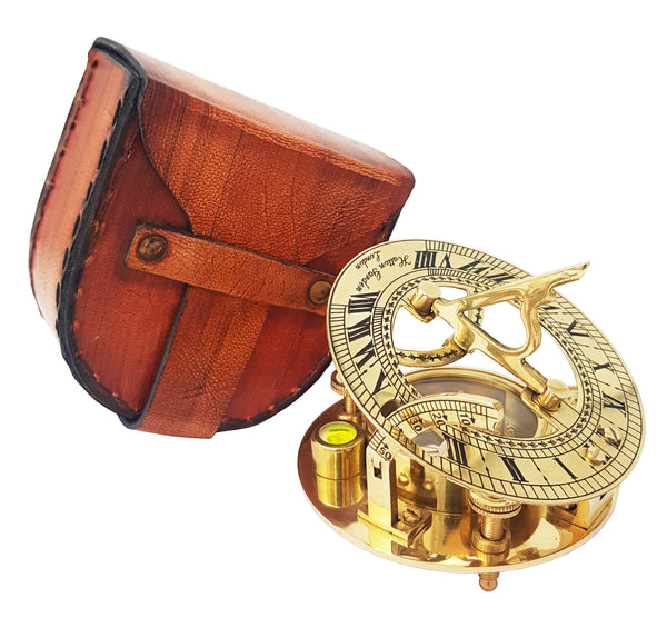 Brass Nautical - Sundial Compass with Intricate Detailing Comes in an Exquisite Top Grain Leather Case - Premium Sundial Compass