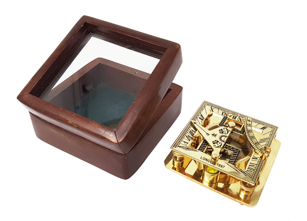 Brass Compass - Square Brass Sundial Compass in Glass Box & Polished Finish, Sun Dial Navigation Sun Clock Antique Replica Nautical Outdoor Pocket