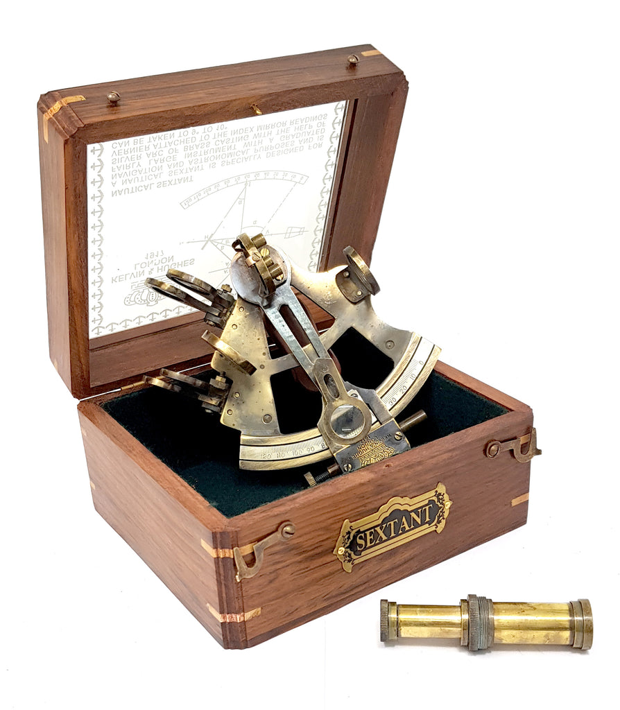 Antique Pocket Brass Sextant with Wooden Box Nautical Navigation Marine  Vintage