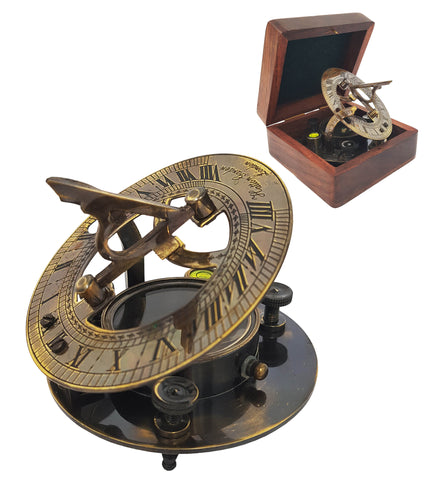Brass Compass - Antique Brass Sundial Compass Marine Boat Gift Pocket Sun Dial in Box Nautical Marine Gift Sun Clock Pirate Ship Replica Watch