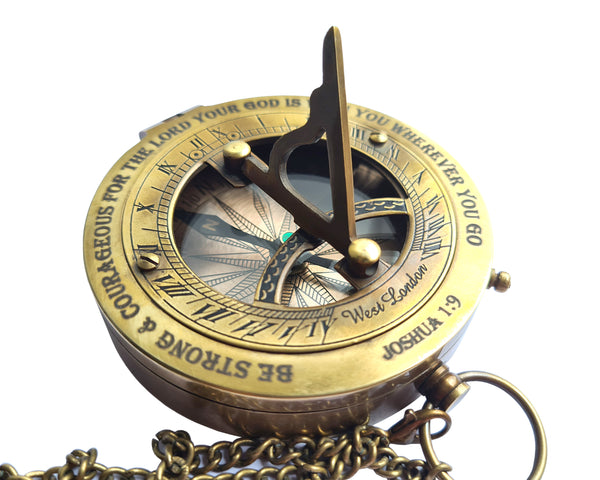 The New Antique Store - Joshua 1-9" Brass Sundial Compass with Leather Case and Chain - Steampunk Accessory - Antiquated Finish - Beautiful Handmade Gift -Sundial Clock