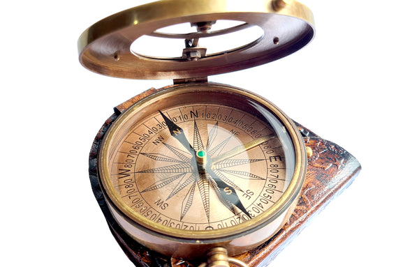 The New Antique Store - Joshua 1-9" Brass Sundial Compass with Leather Case and Chain - Steampunk Accessory - Antiquated Finish - Beautiful Handmade Gift -Sundial Clock
