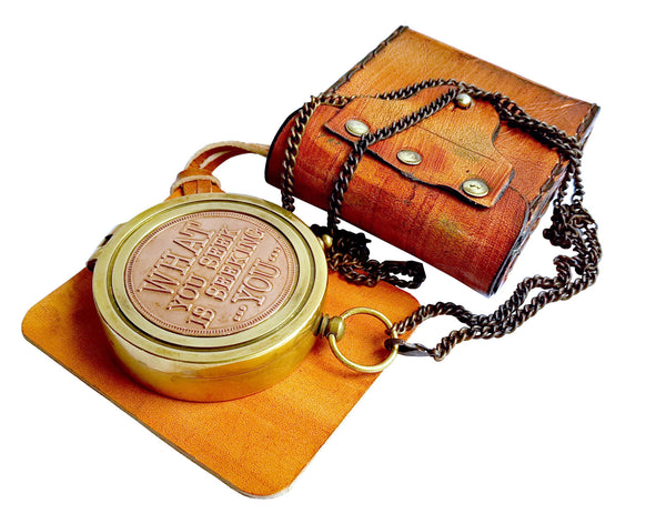 Brass Nautical - Rumi's Brass Seek Compass with Leather Carry Pouch and Gift Box, Graduation Day, Confirmation Day, New Year Gift, Birthday, Anniversary, Valentine, Corporate Gift