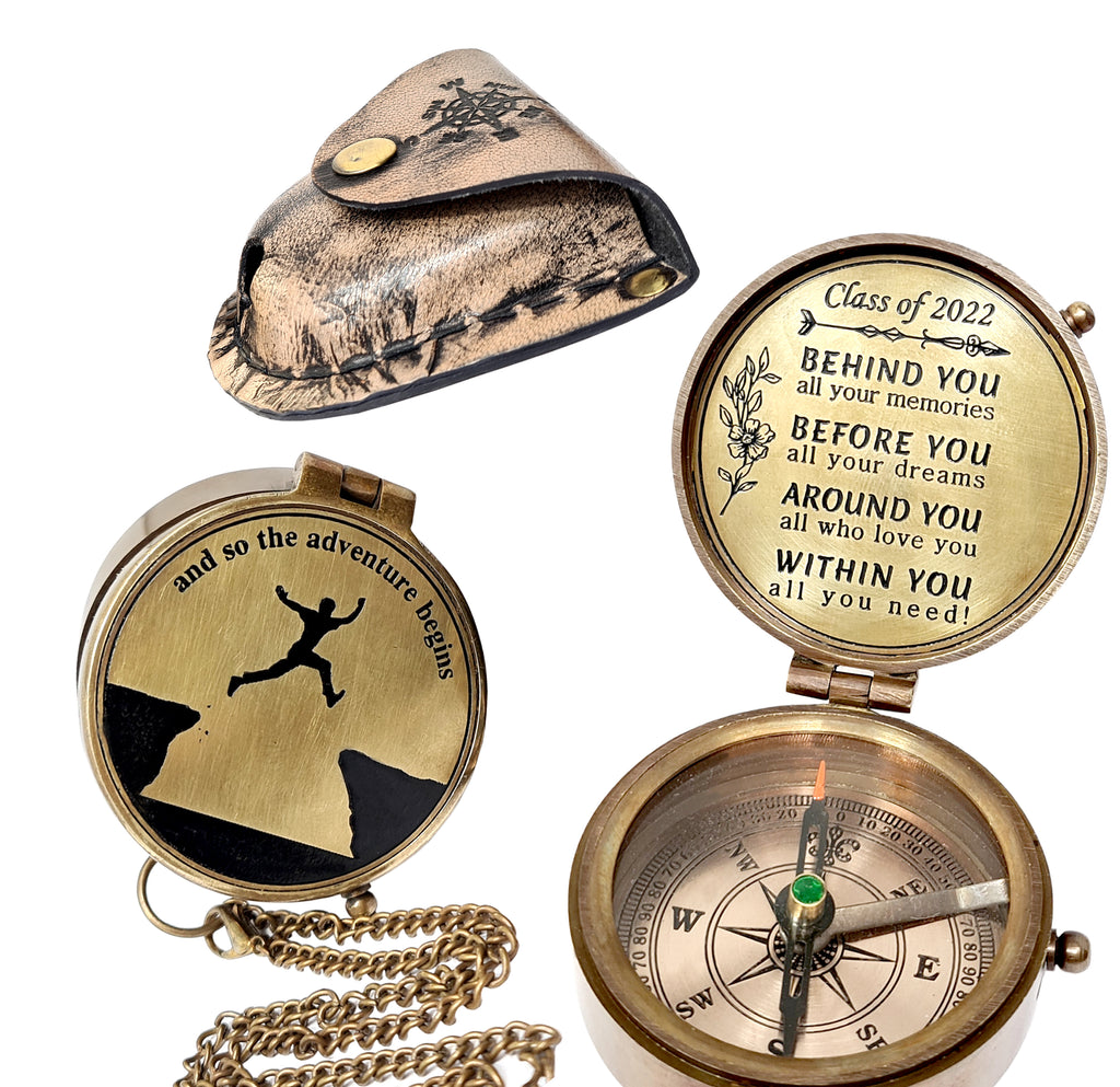 Brass Nautical - Brass Graduation Gift Engraved Compass with Inspirational Message Comes in Leather case, Ideal for Graduation Day Gift, Magnetic Compass, Made of Brass